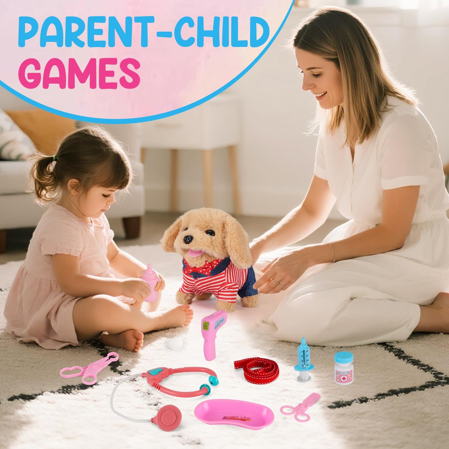 Skymetis Toddler Toy 10 Pcs Interactive Retriever Robot Dog Toy - Walking & Stuffed Puppy with Stethoscope for Vet Role Play, Educational Toddler Gifts for 3 Year Old Girl