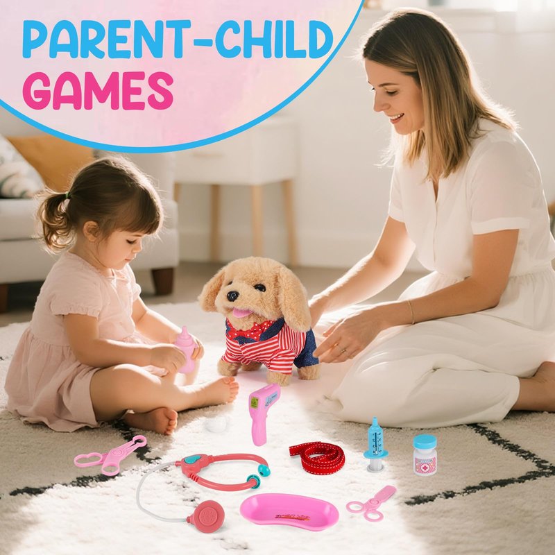Skymetis Toddler Toy 10 Pcs Interactive Retriever Robot Dog Toy - Walking & Stuffed Puppy with Stethoscope for Vet Role Play, Educational Toddler Gifts for 3 Year Old Girl