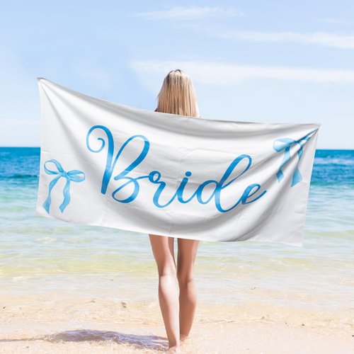 R HORSE Bride Beach Towel for Bachelorette Party Decorations, Coquette Blue Bow Beach Towel for Bride to Be Bridal Shower Gift, 30 x 60 Inch Quick Dry Sand Free Blanket Honeymoon Engagement Supplies