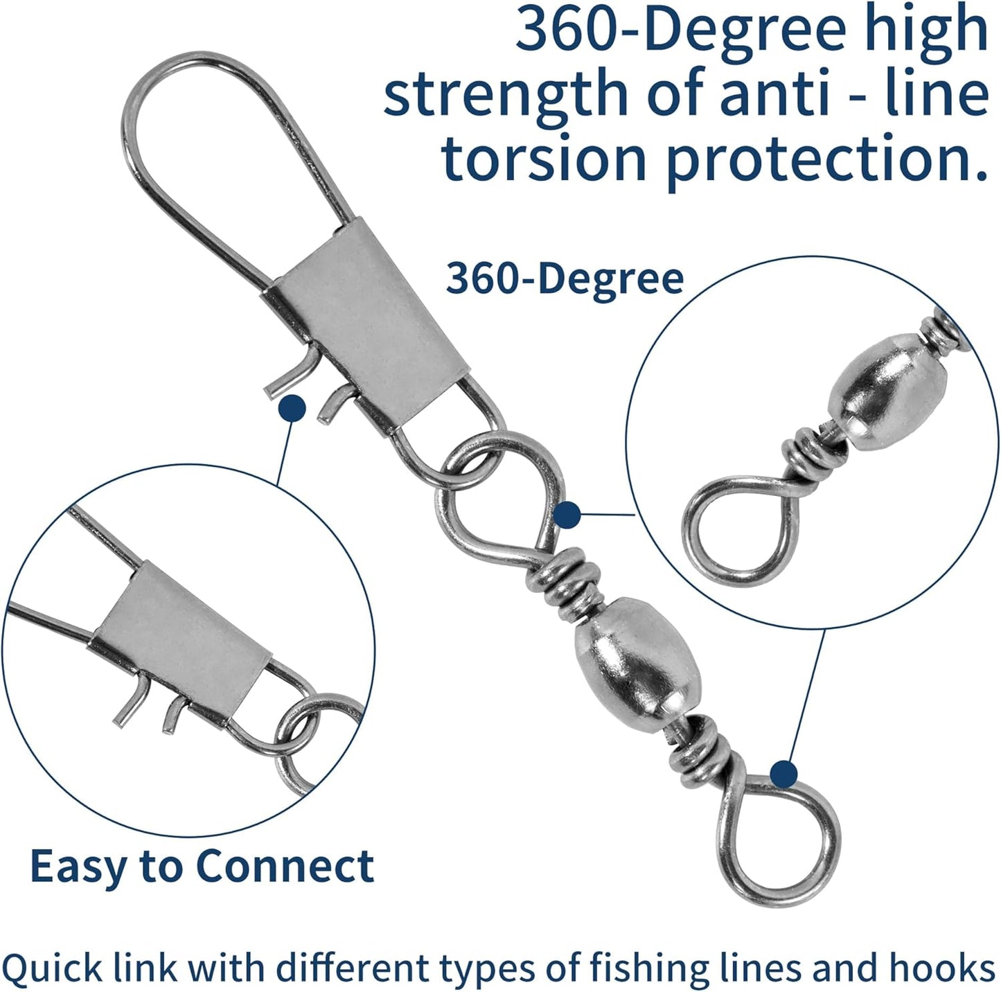 100PCS Fishing Swivels, 5 Sizes Barrel Snap Swivel Fishing Tackle for Quick Linking of Lures and Lines