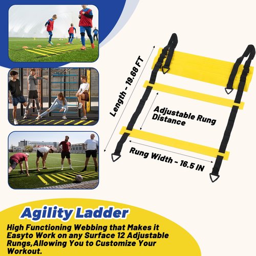 wutfuooo Soccer Agility Training Equipment Set, 12 Rung 20Ft Agility Ladder, 12 Disc Cones, 4 Steel Stakes, Solo Soccer Trainer, Jump Rope - Speed Training Equipment for Soccer Football Basketball