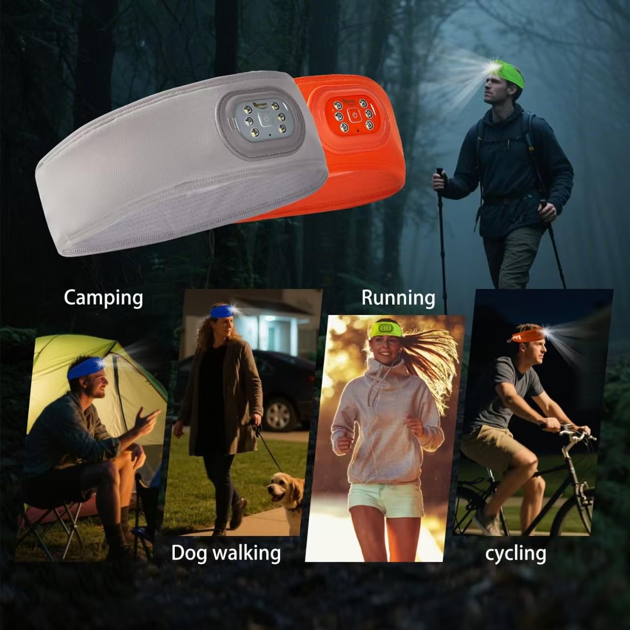 IVYWNT LED Sports Sweat Headband - Outdoor Headlamp Rechargeable with Reflective Visible for Men and Women, 3 Brightness Head Lights for Camping Running, Black