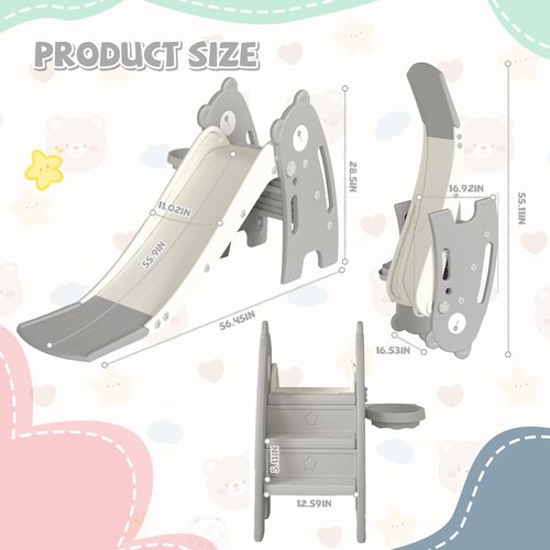 DOREROOM Toddler Slide Kids Slides Climber Playset, Freestanding with Long Slope, Basketball Hoop & Ball, Indoor & Outdoor Playground Toy for Boys & Girls