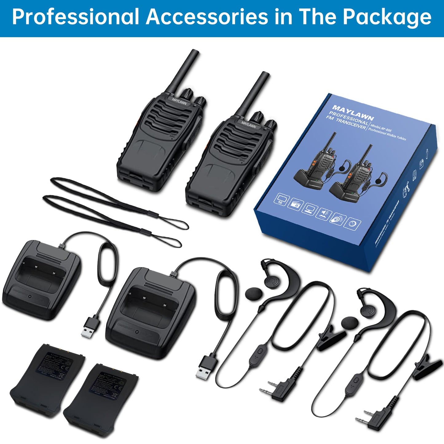 Maylawn Walkie Talkies Pack of 2, Walkie Talkies Long Range for Adults with Rechargeable Batteries, Two Way Radios with LED Light Earpieces and Chargers, 16 Channels, Supports VOX Function