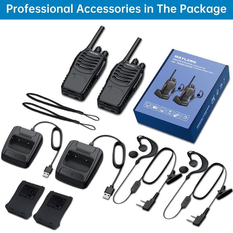 Maylawn Walkie Talkies Pack of 2, Walkie Talkies Long Range for Adults with Rechargeable Batteries, Two Way Radios with LED Light Earpieces and Chargers, 16 Channels, Supports VOX Function