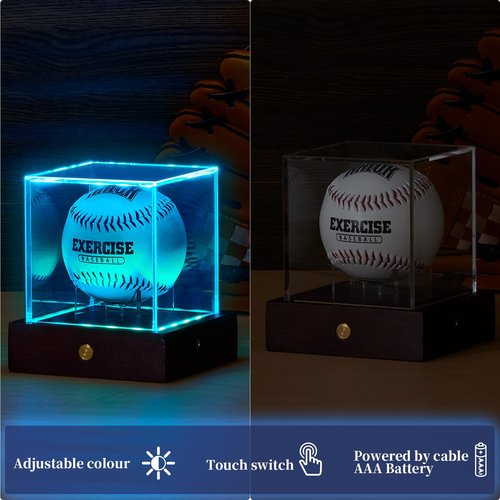 HouseJoy Baseball Display Case with Light, 10 Color LED Baseball Display Stand Wood,UV Protected Clear Cube for Memorabilia Baseball Gifts
