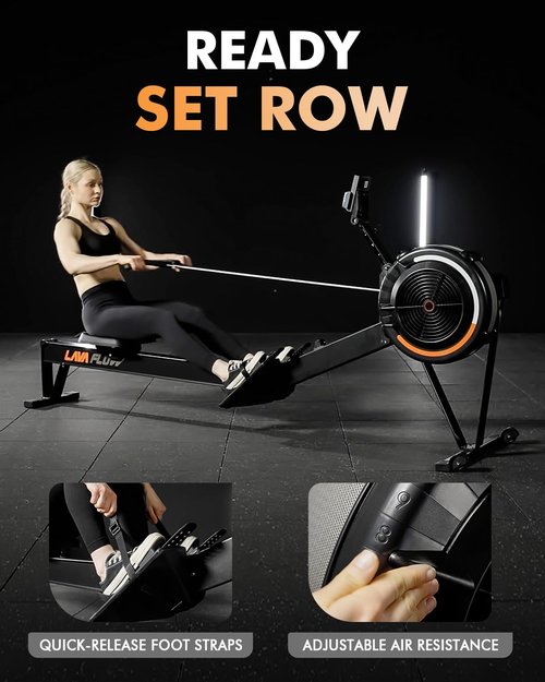 GMWD Rowing Machine for Home - Adjustable Air-Resistance Rower with Digital Exercise Monitor, Device Holder & Bench | Compact Rower Machine for Easy Storage