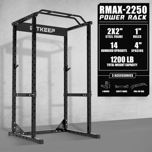 RitKeep RMAX 2250 Multi-Functional Power Rack - 1200lb Capacity Squat Rack for Home Gym with Multi-Grip Pull-Up Bar, J-Hooks, and Safety Bars(Black with Black Bench(black barbell), 1000LB barbell)