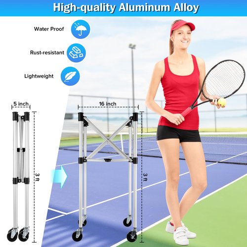 Angooni Professional Tennis Cart with Silent PU Wheels - Sturdy and Lightweight Tennis Ball Cart with 150-Ball Capacity - Portable Tennis Balls Basket & Reliable Ball Carrier