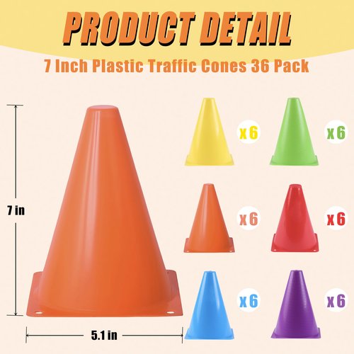 Qtheaes 7" Soccer Cones for Training, 36 Pack Sports Agility Field Plastic Small Cones for Kids Skating Basketball Football Practice Drills, 6 Colors