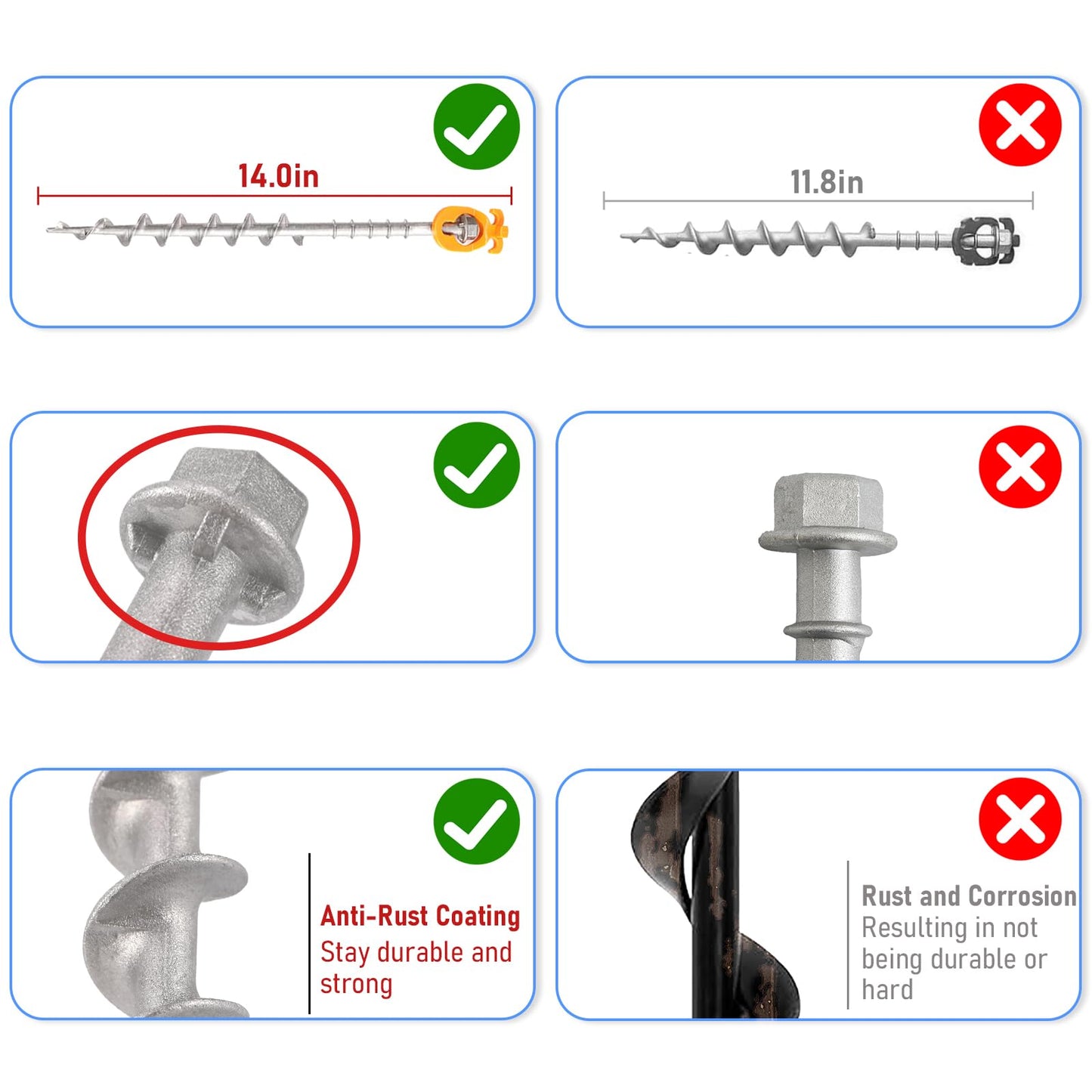 Keltrion 12 Pcs Non-Rust Cast Aluminum Screw in Tent Stakes, Ideal for Camping, Trampolines, Sheds, Backyard, Swing Sets 14 Inch - Silver