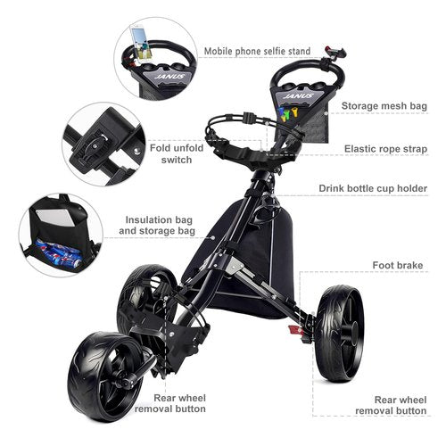 JANUS Golf Cart, Golf Bag cart, Foldable Golf Push cart,Golf Pull cart,3 Wheel Golf Push carts,with Gooseneck or Phone Holder