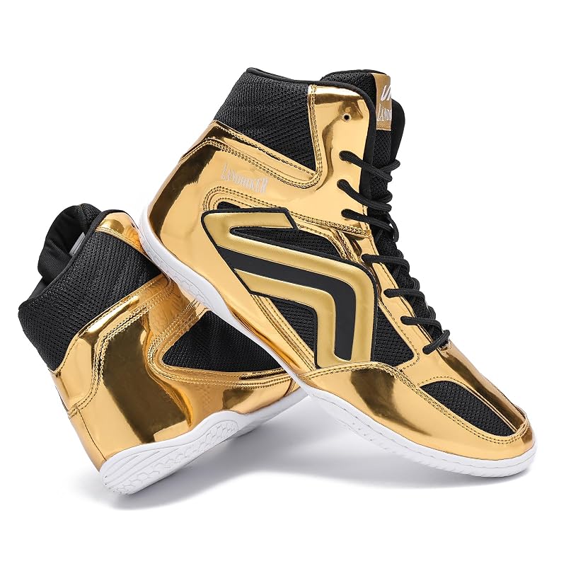 Wrestling/Boxing Shoes for Men - High Top Weightlifting Boots, Lightweight, Non-Slip - Gold 9.5