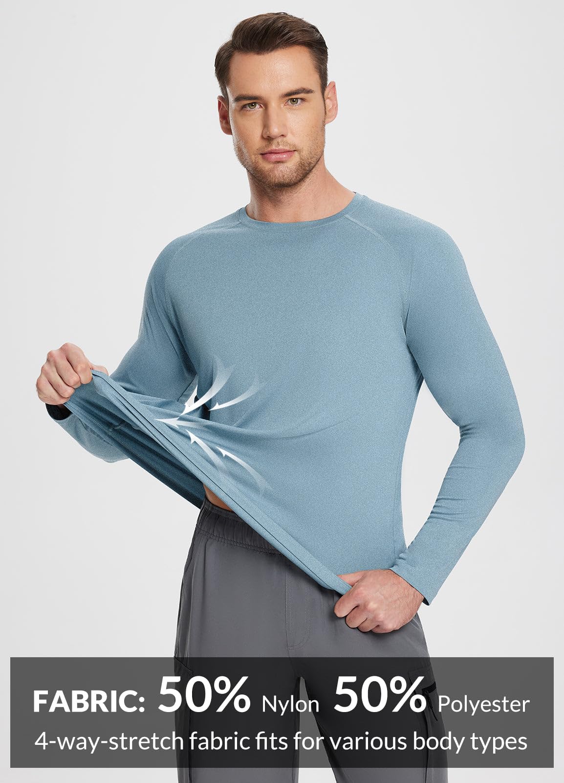 baleaf Men's UPF 50+ Long Sleeve Shirts Soft Rash Guard Breathable Lightweight Workout Running Hiking Tops Light Blue L