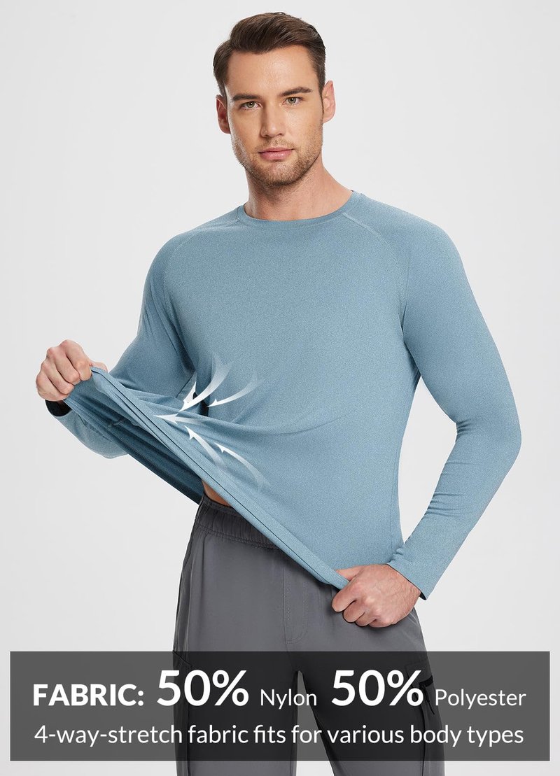 baleaf Men's UPF 50+ Long Sleeve Shirts Soft Rash Guard Breathable Lightweight Workout Running Hiking Tops Light Blue L