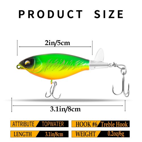 5Pcs Topwater Fishing Lures with Bait Box, 0.2oz Whopper Popper with Rotating Tail Treble Hooks, Plopper Floating Lure for Bass Crappie Walleye Catfish Pike Perch, Freshwater or Saltwater