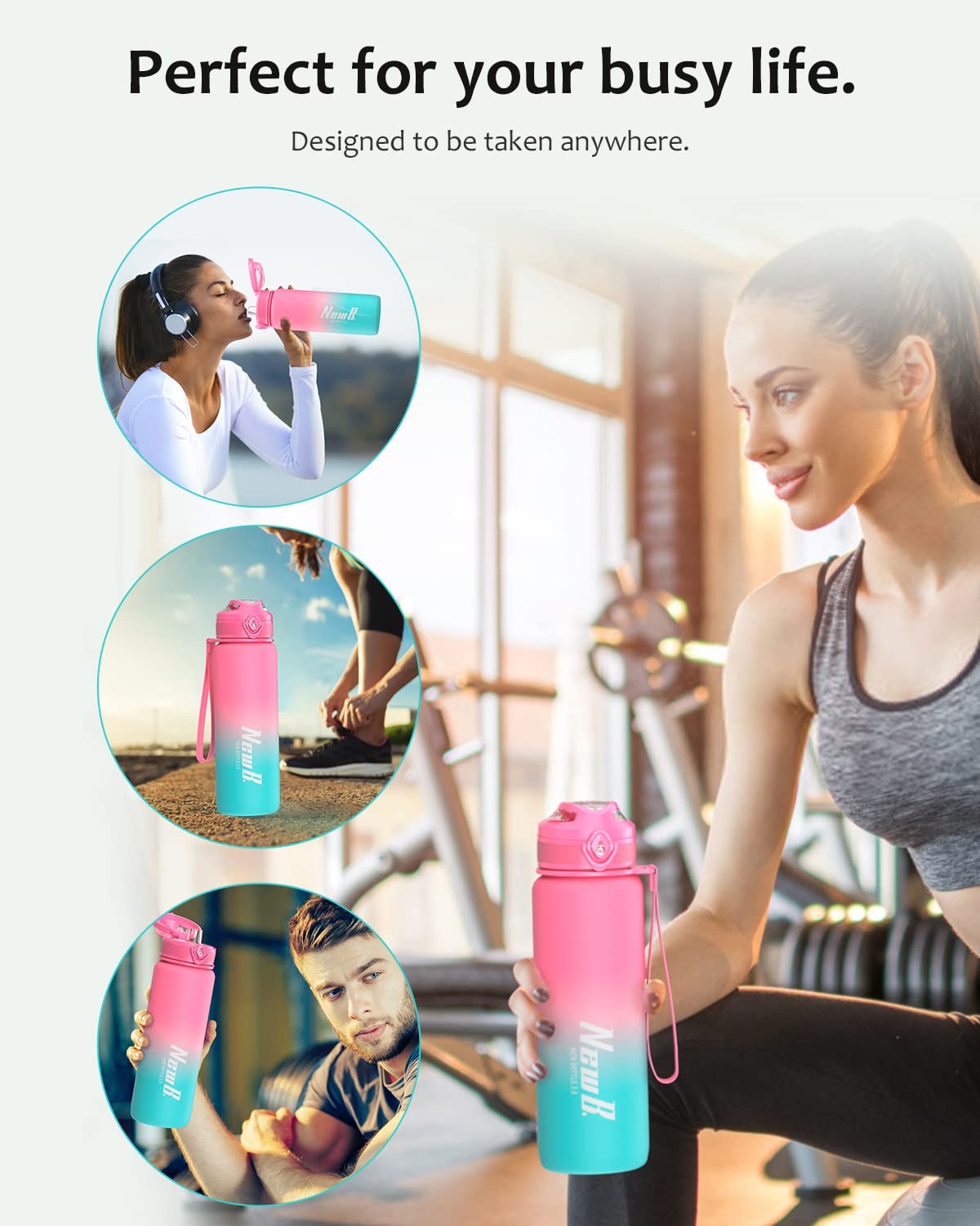 Pluralla One Touch Sport Water Bottle (Pack of 1) with Carry Handle, Leak Proof, Flip Top Lid, BPA Free, Tritan Material Water Bottle, Ideal Gift for Travel, Gym and Outdoor Fitness | 22 oz, 34 oz