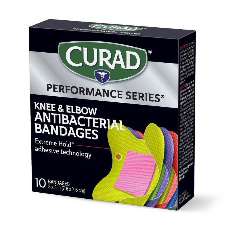 CURAD Performance Series Antibacterial Bandages, Elbows and Knees, 3" x 3", 10 Count