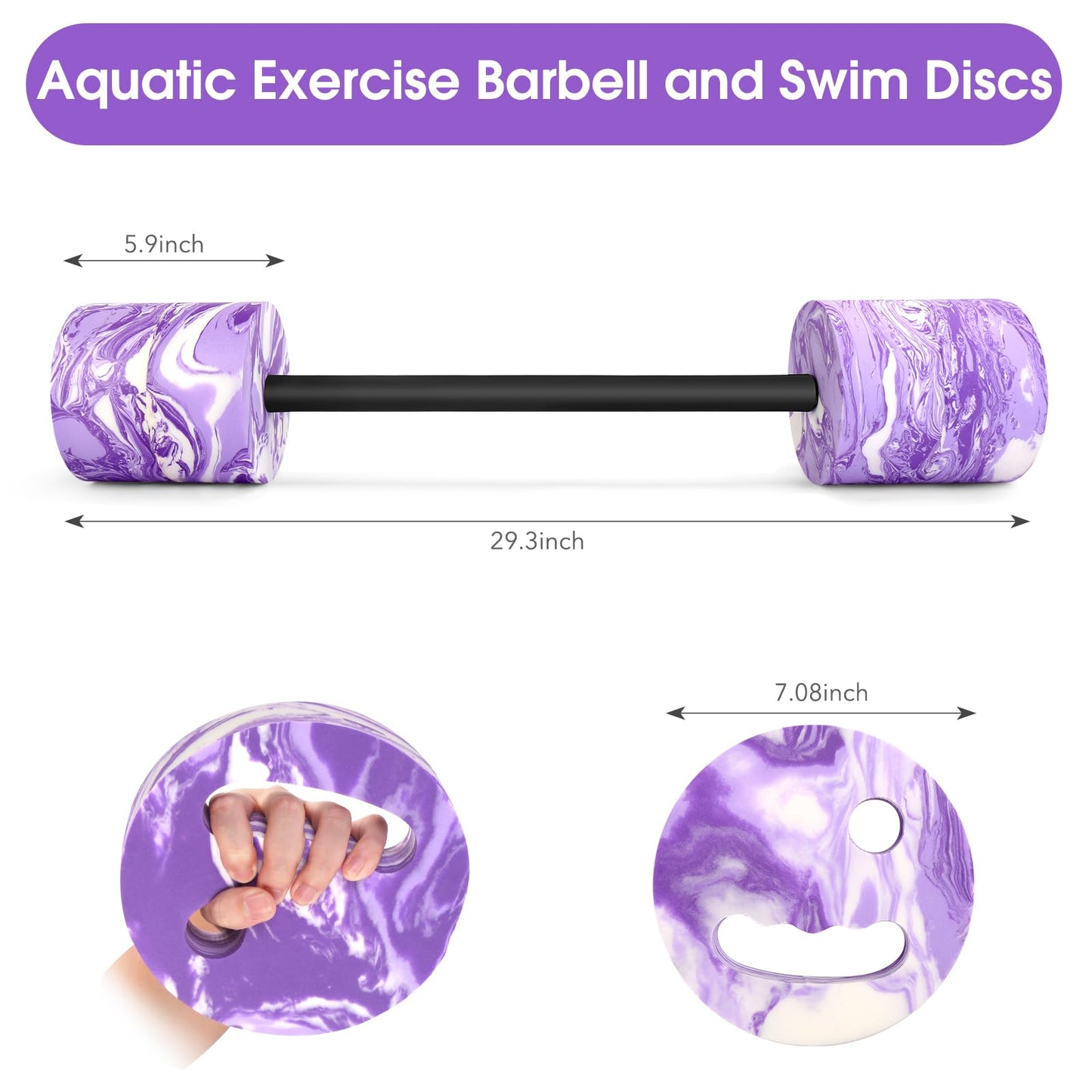 IEBIYO 29.3’’Swimming Barbell Swim Dumbbell with Water Exercise Discs High Density EVA Foam Aquatic Exercise Equipment Swimming Aid for Adults (Purple)