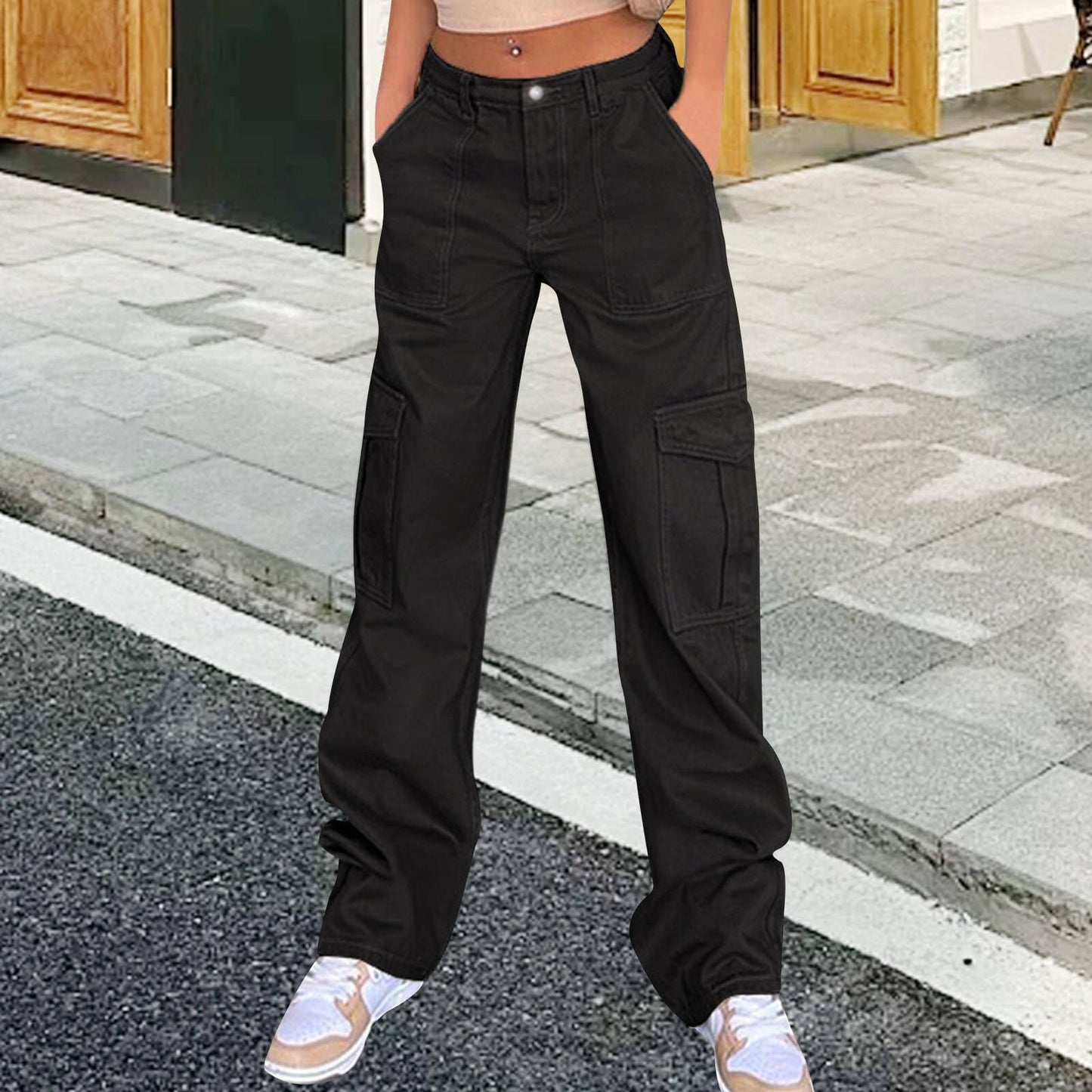 Zhyaj Women's Baggy Zipper Lounge Pants Ladies Relaxed Fit High Waisted Basic Solid Wide Leg Cargo Pant Summer Oversized Casual Lightweight Hiking Trousers with Multi Pocket,Black, XL