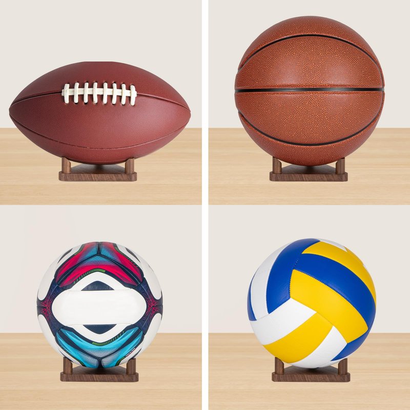 PUERSI Ball Stand Display Stand Set of 3, for Basketball Football Soccer Volleyball, Walnut Ball Holder Case Rack