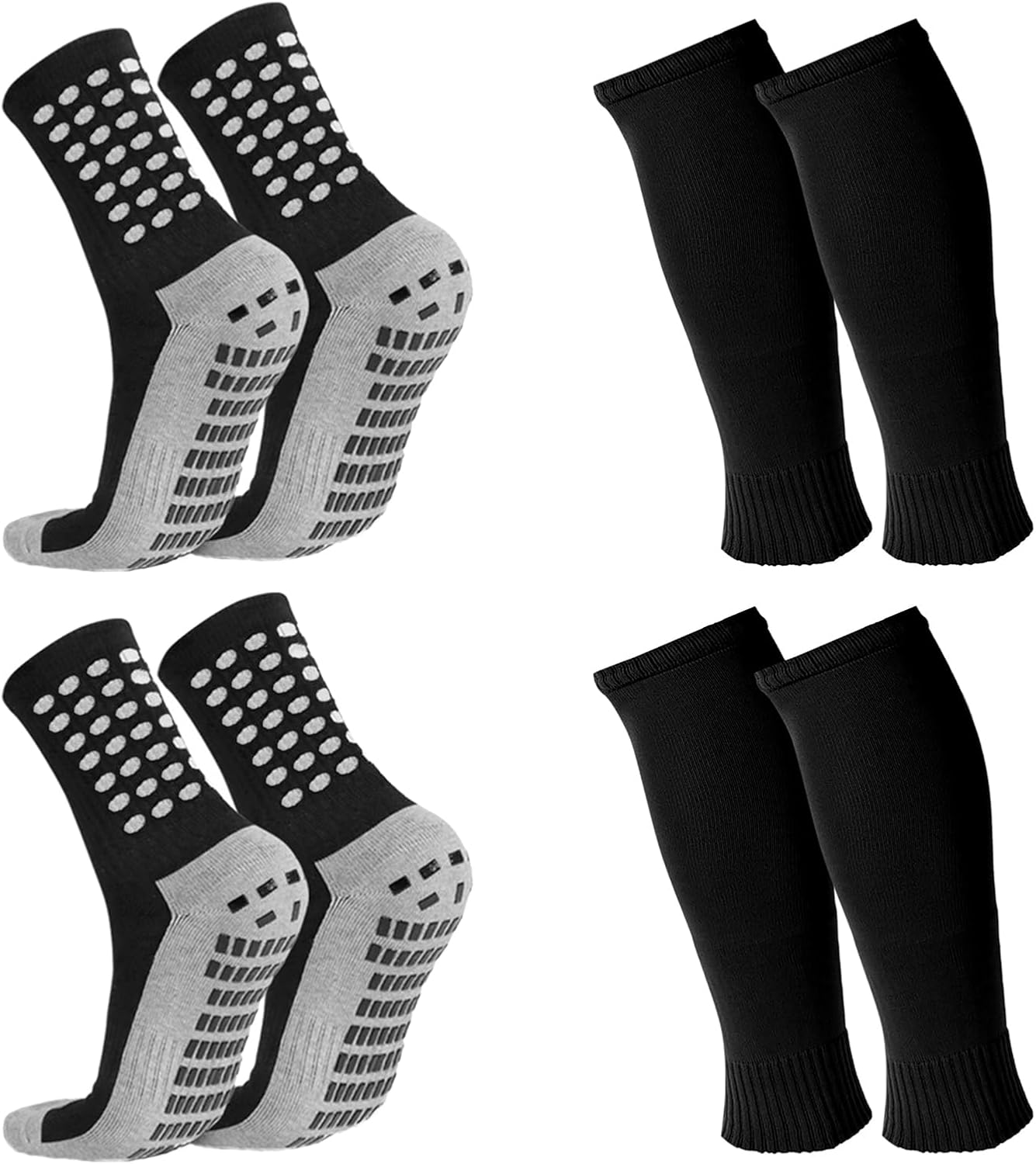 2 Set Kids Grip Soccer Socks with Shin Guard Sleeves Non Slip Soccer Leg Sleeve Socks for Boys Girls