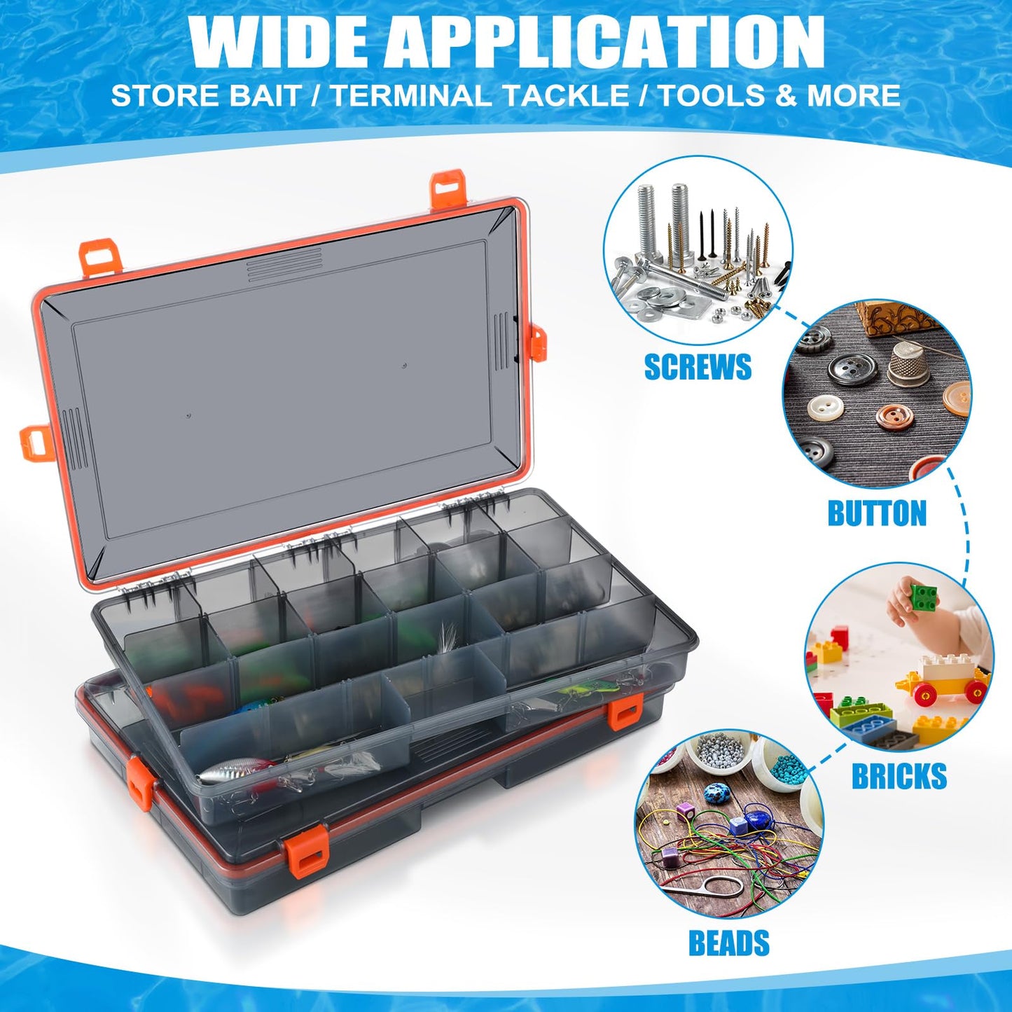 Wonderjune 6 Pack Fishing Tackle Boxes Waterproof 3600 and 3700 Tackle Trays with Removable Dividers Plastic Storage Organizer Bait Vault Camouflage Box for Freshwater Saltwater (Orange,3700)