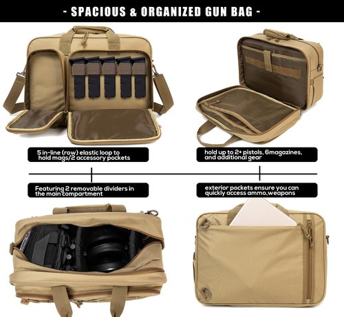 INSSTUID Tactical Gun Range Bag for Handguns and Ammo Pistol Case Shooting Range Backpack Carrying Duffle Bags Magazine Ammo Gear Accessories Molle Pouch for Hunting Shooting Sport Outdoor (Tan)