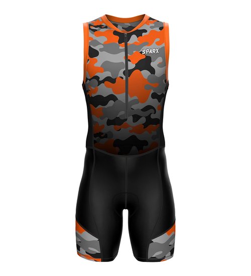 Sparx Men`s Triathlon Suit Trisuit Race Skinsuit Cycling Speed Suit Italian Fabric Swimskin (Orange_Camo_L)