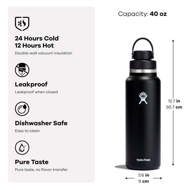 Hydro Flask Water Bottle - Insulated Stainless Steel - Wide Mouth Flex Chug Lid, Non Spill, Leakproof in 40 Oz Cascade Blue