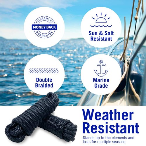 Dock Lines Boat Ropes for Docking, 3/8" Double Braided Mooring Marine Rope, 15ft Nylon Rope with Loop, Black, 2 Pack