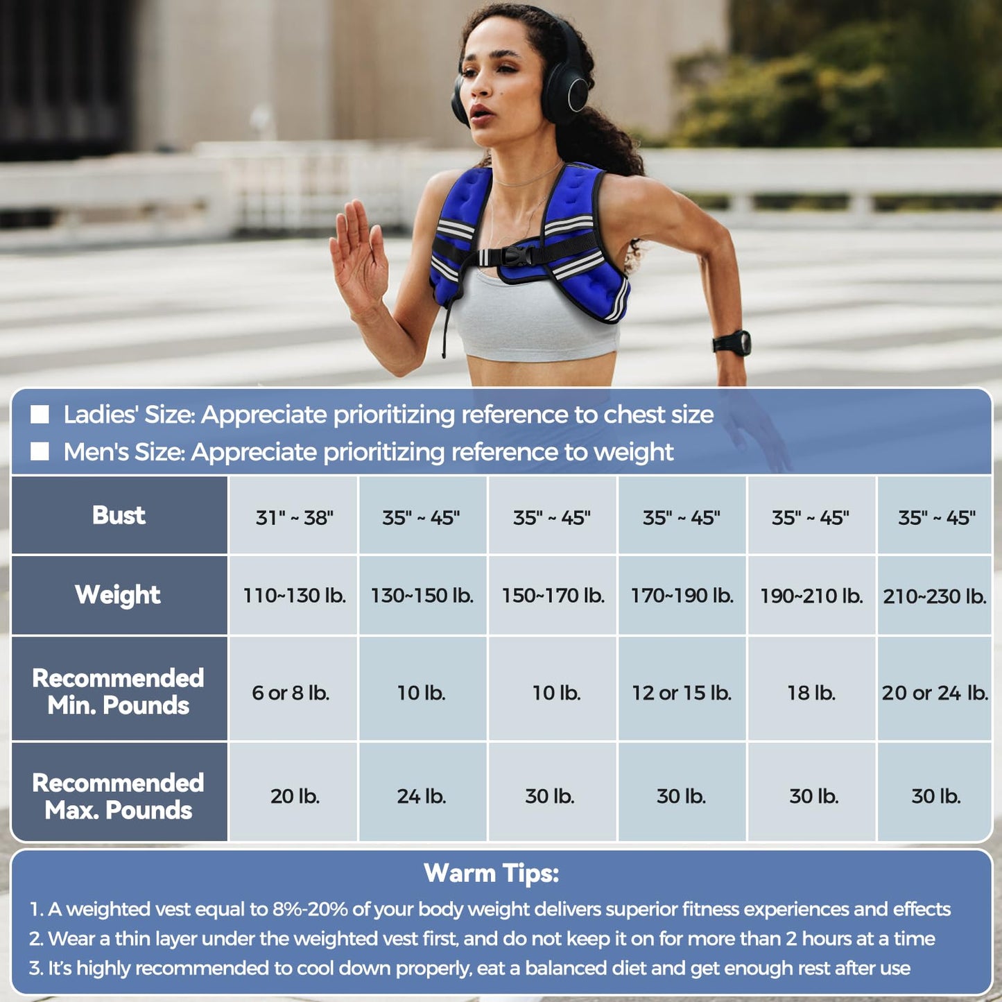 Zeerun Weighted Vest, 6lb/8lb/10lb/12lb/15lb/18lb/20lb/24lb/30lb for Men Women, Reflective Stripe Adjustable Buckle, Comfortable Durable Rucking Vest for Walking Running Strength Training, 12LBS-Blue