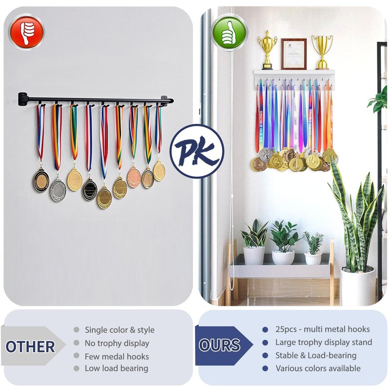 DSVENROLY Medal Holder Display Trophy Shelf Organizer, Sturdy Wooden Race Award Hanger Rack with 25 Steel Hooks, Wall Mount Storage Stand for Sports Fans, Cheer Success, White with Black Pegs