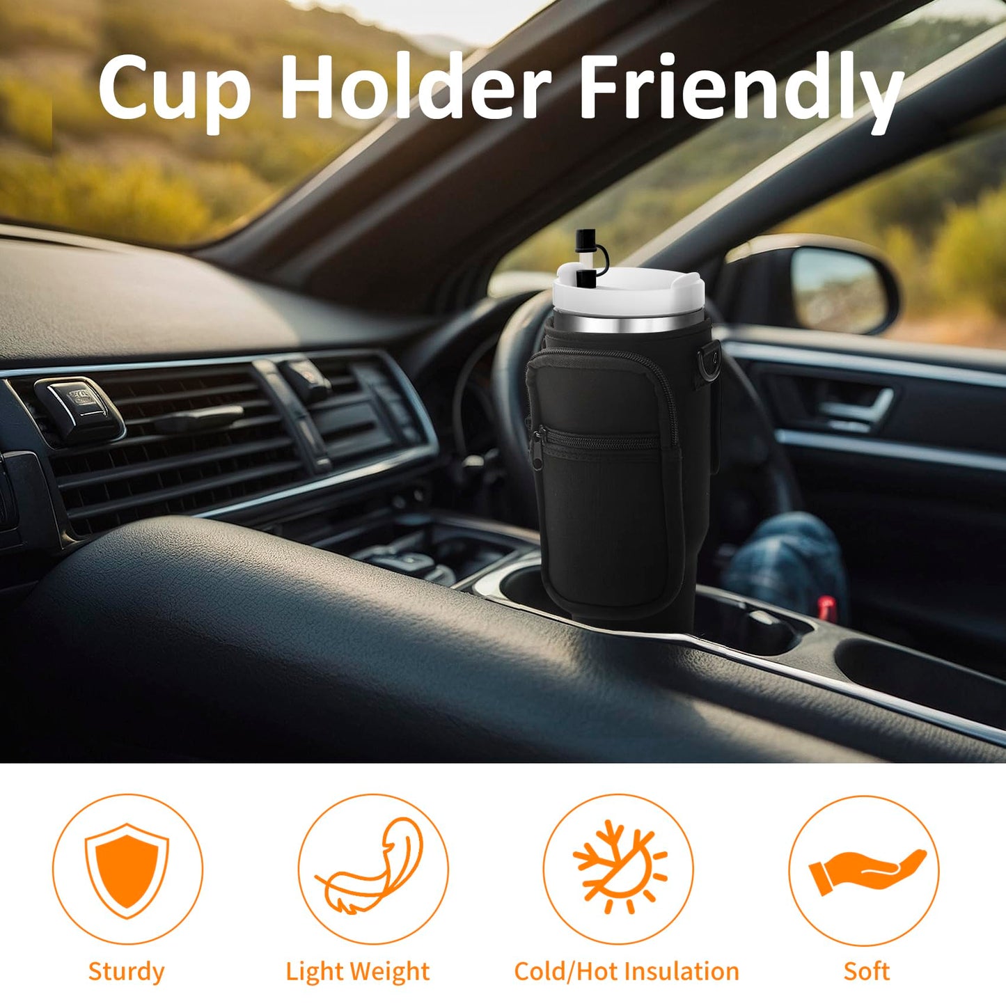 30 oz Stanley Cup Carrier Bag with Paracord Handle, Neoprene Insulated Travel Tumbler Sleeve w/ 2 Pockets & Straw Cover Cap, Stainless Steel Mug Holder Pouch for Stanley Cup Accessories-Black