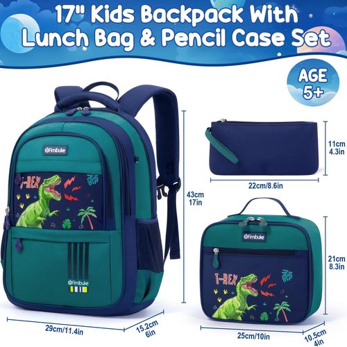 Fimibuke Kids Backpack for School Boys - 3 PCS Waterproof Teen Boy Backpack with Lunch Box & Pencil Pouch Set, School Bag Bookbag Daypack for Kindergarten Elementary Middle School, Age 5+(Dinosaur)