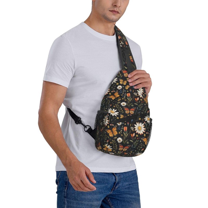 SUPLUCHOM Sling Bag Vintage Butterfly Daisy Leaf Hiking Daypack Crossbody Shoulder Backpack Travel Chest Pack for Men Women