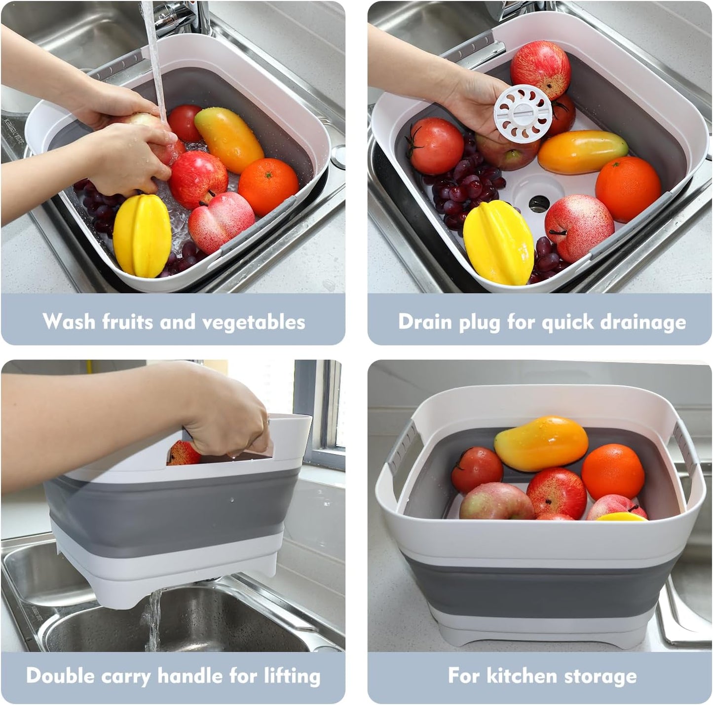 2.4Gal (9L) Collapsible Wash basin With Drain Plug, Suitable For Kitchen Sinks/Outdoor Camping/RV Use, Space-Saving, Highly Portable Washbasin Ideal For Travel (Gray)