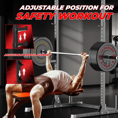 papababe Squat Rack with Pull Up Bar, Multi-Functional Power Rack with J-Hooks and Safety Arms, Workout Rack with Plate Stake and Barbell Storage for Home and Garage Gym