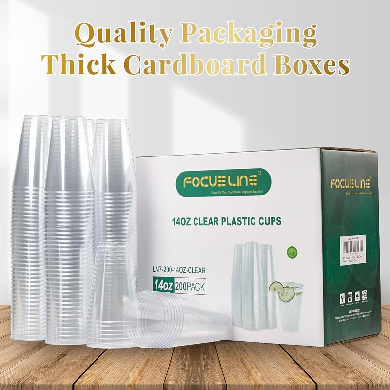 14 Oz Clear Plastic Cups (Pack of 200) - Large Disposable party Cups, FOCUSLINE