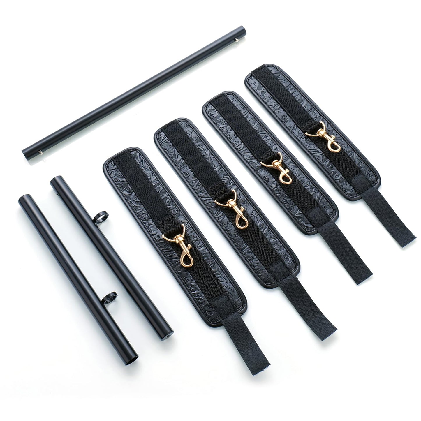 3 in 1 Heavy Duty Stainless Steel Expandable Silver Spreader Bar with 4pcs Furry Purple Adjustable Straps,Workout Bar for Home Gym,Portable Detachable Pilates Kit (Black+Black Embossed PU Kit)
