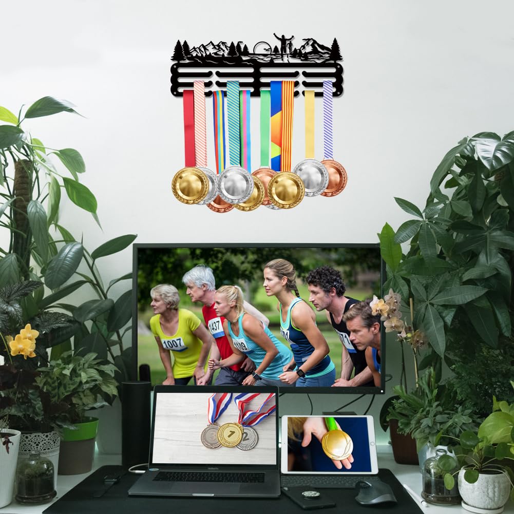 SUPERDANT 2PCS Running Medal Hanger Forest Run Medals Holder Personalised Award Black Metal Rack Wall Mount Sports Marathon Iron Holder Ribbon Display for Medal Hanging Gifts for Athlete Runners