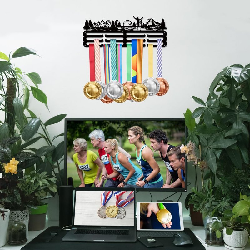 SUPERDANT 2PCS Running Medal Hanger Forest Run Medals Holder Personalised Award Black Metal Rack Wall Mount Sports Marathon Iron Holder Ribbon Display for Medal Hanging Gifts for Athlete Runners