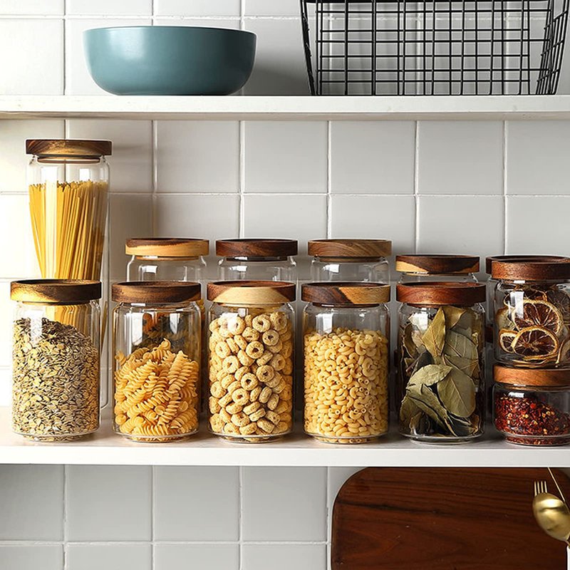 Bekith 3 Pack Glass Storage Containers with Airtight Seal Acacia Wood Lids, 31.6 FL OZ (950ml) Clear Glass Food Storage Jars for Kitchen, Glass Pantry Canister for Spaghetti Pasta, Coffee, Beans