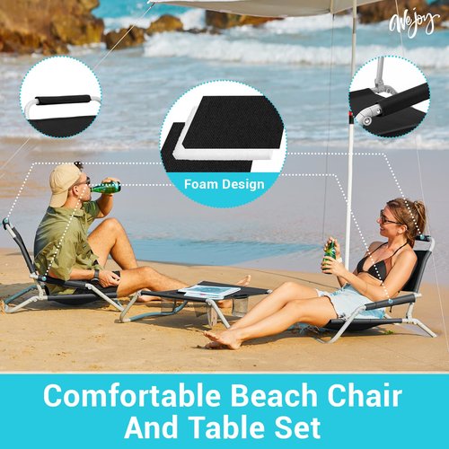 #WEJOY 2 Pack Beach Chairs and Table Set Folding Low Beach Chairs for Adults Lightweight Beach Chair with Carry Bag for Outdoor Beach Lawn Camping Picnic Blue Beach Chair & Table Set