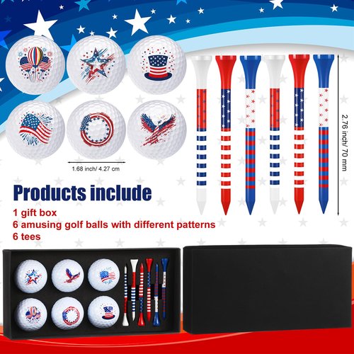 Lunmon 13 Pcs Patriotic Golf Balls Gifts Set 6 USA Flag Ball 6 Tees and 1 Box 4th of July Golf Ball and Tee Accessories Retirement Gifts for Dad Husband Grandpa Golfball Enthusiasts
