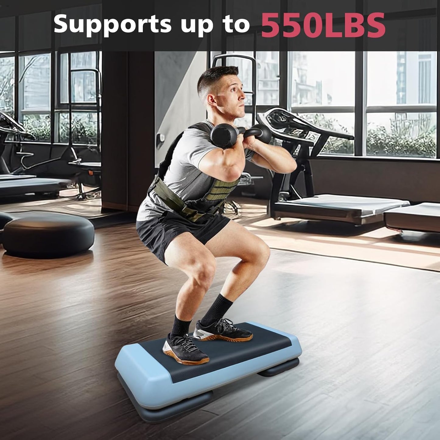 28.5'' Exercise Aerobic Step Platform, 4-6-8inAdjustable Fitness Stepper Workout with 4 Stackable Risers, Aerobics Stepper Workout Stepper for Home Gym Cardio Strength & Training (Red & Gray)