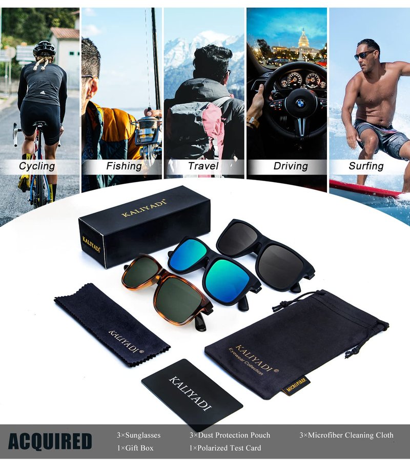 KALIYADI Sunglasses Men Polarized Sun glasses for Mens Womens Classic Matte Black Frame UV Protection 3pack (Black & Green & G15)