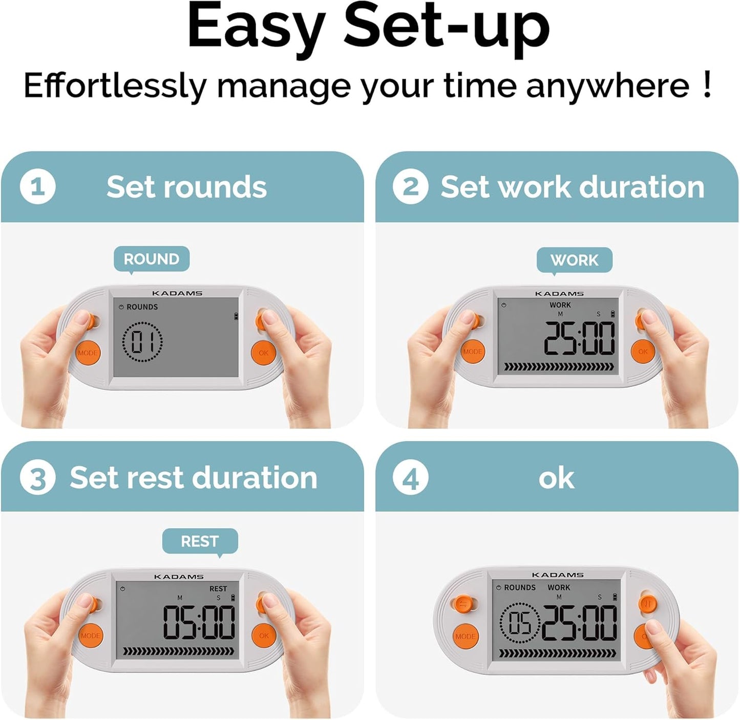 KADAMS Pomodoro Timer with Interval Countdown - Study, Gym & Exercise Timer with Magnets Stand (Blue)