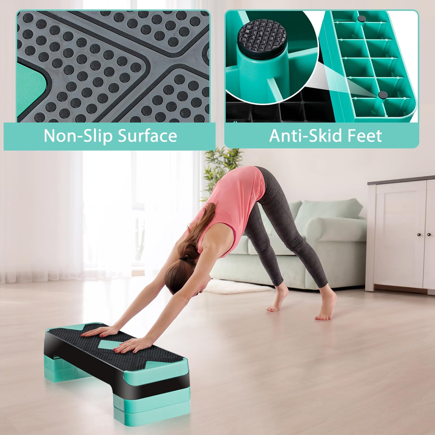 26.5 Inch Aerobic Exercise Step Platform for Home Gym, 4” 6” 8”Adjustable Risers for Home Gym Fitness Workout, Stepper Step Trainer, Green
