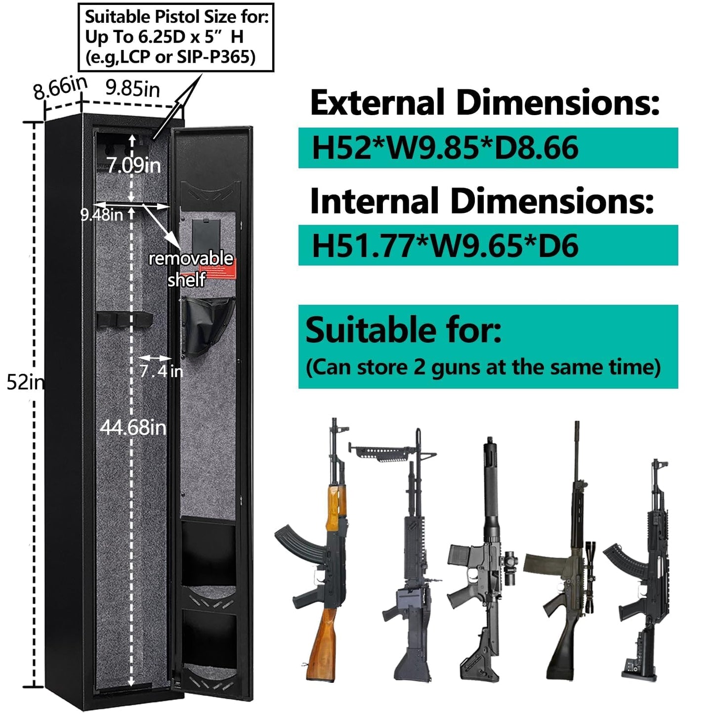KAER 2-3 Gun Safe,Rifle Safe,Gun Safe for Rifles and Pistols,Gun Cabinet for Shotguns,Long Gun Cabinet for Shotguns with Removable Storage Shelf,LED Light,Quick Access Rifle Safes,Adjustable Shelves